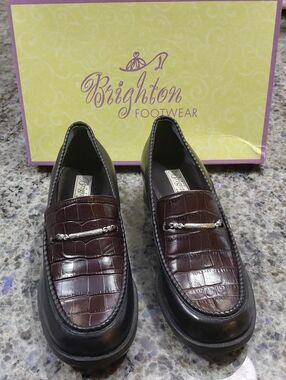 "Brighton" Women’s Black& Burgundy Croc-Embossed Leather Loafers w/ Metal Scroll